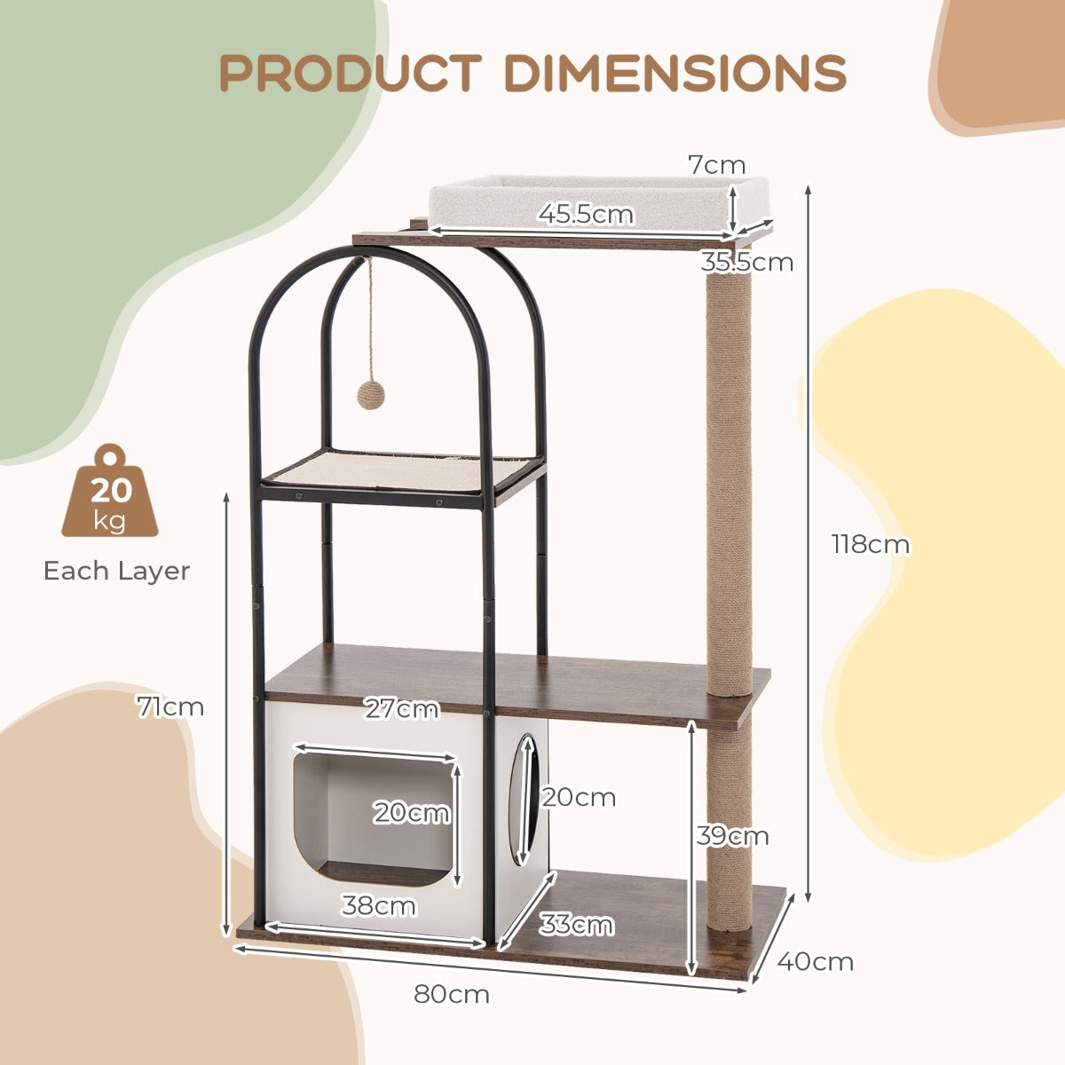 NNECW 118 CM Tall Cat Tree Tower Top Perch Cat Bed with Metal Frame-White