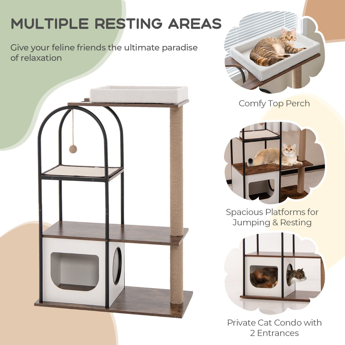NNECW 118 CM Tall Cat Tree Tower Top Perch Cat Bed with Metal Frame-White