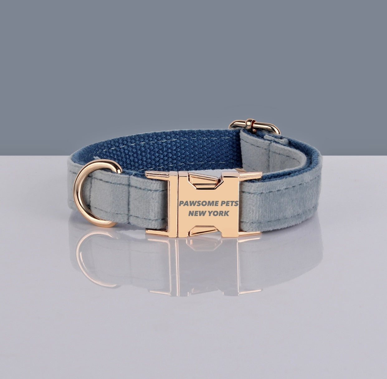 Steel Blue Velvet Dog Collar with Gold Buckle – XS to XL