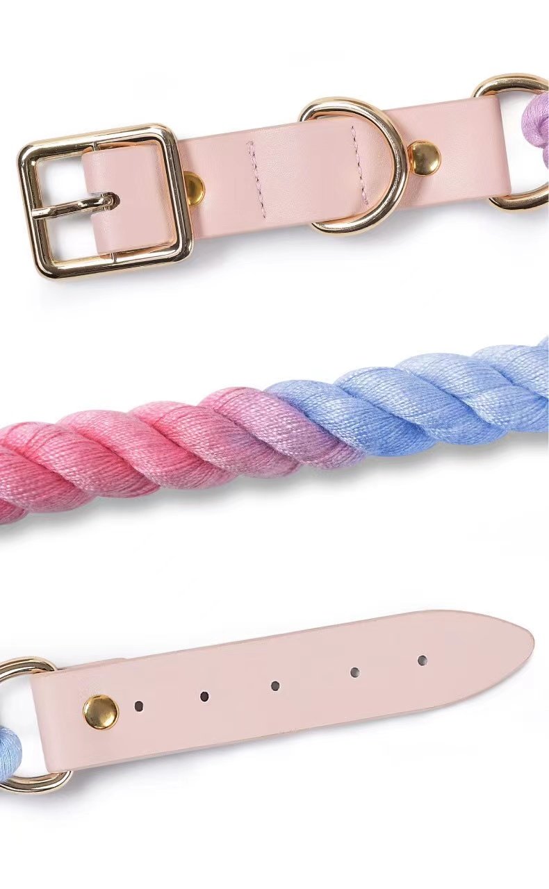 PAWSOME PETS Hands Free Rope Leash and Luxe Royal Leather Collar Bundle - Strawberry Love