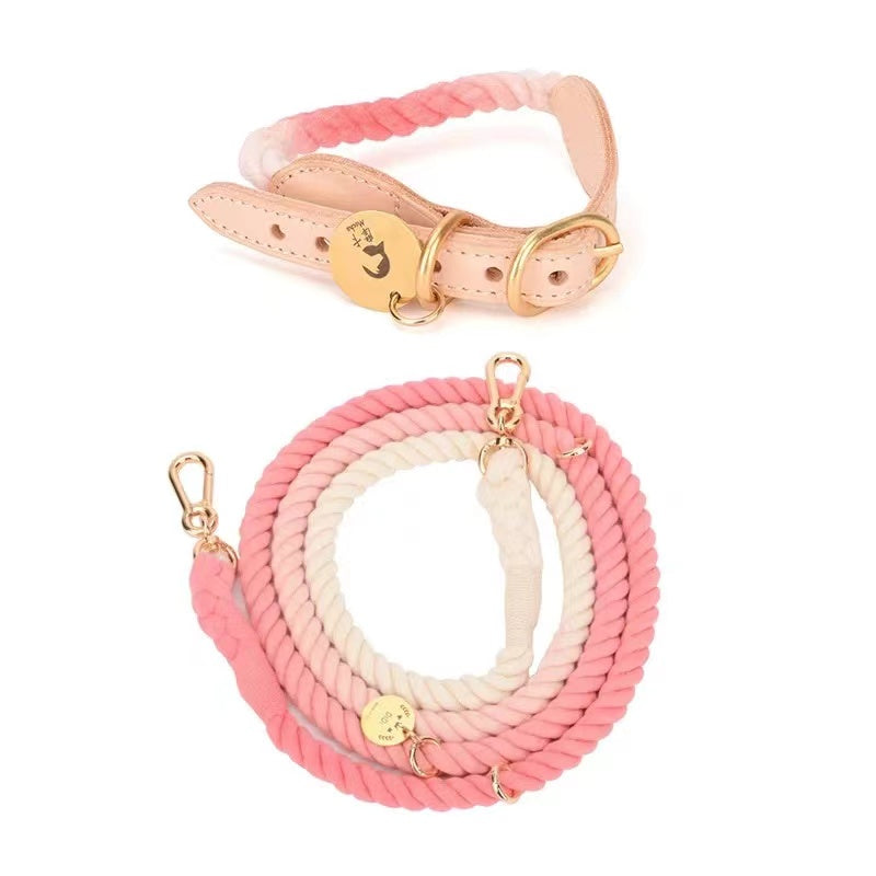 PAWSOME PETS Hands Free Rope Leash and Luxe Royal Leather Collar Bundle - Strawberry Love