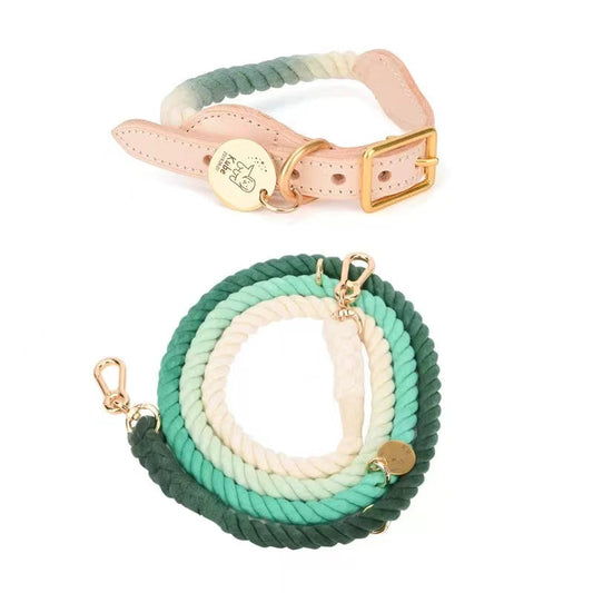 PAWSOME PETS Hands Free Rope Leash and Luxe Royal Leather Collar Bundle - Ombré Green