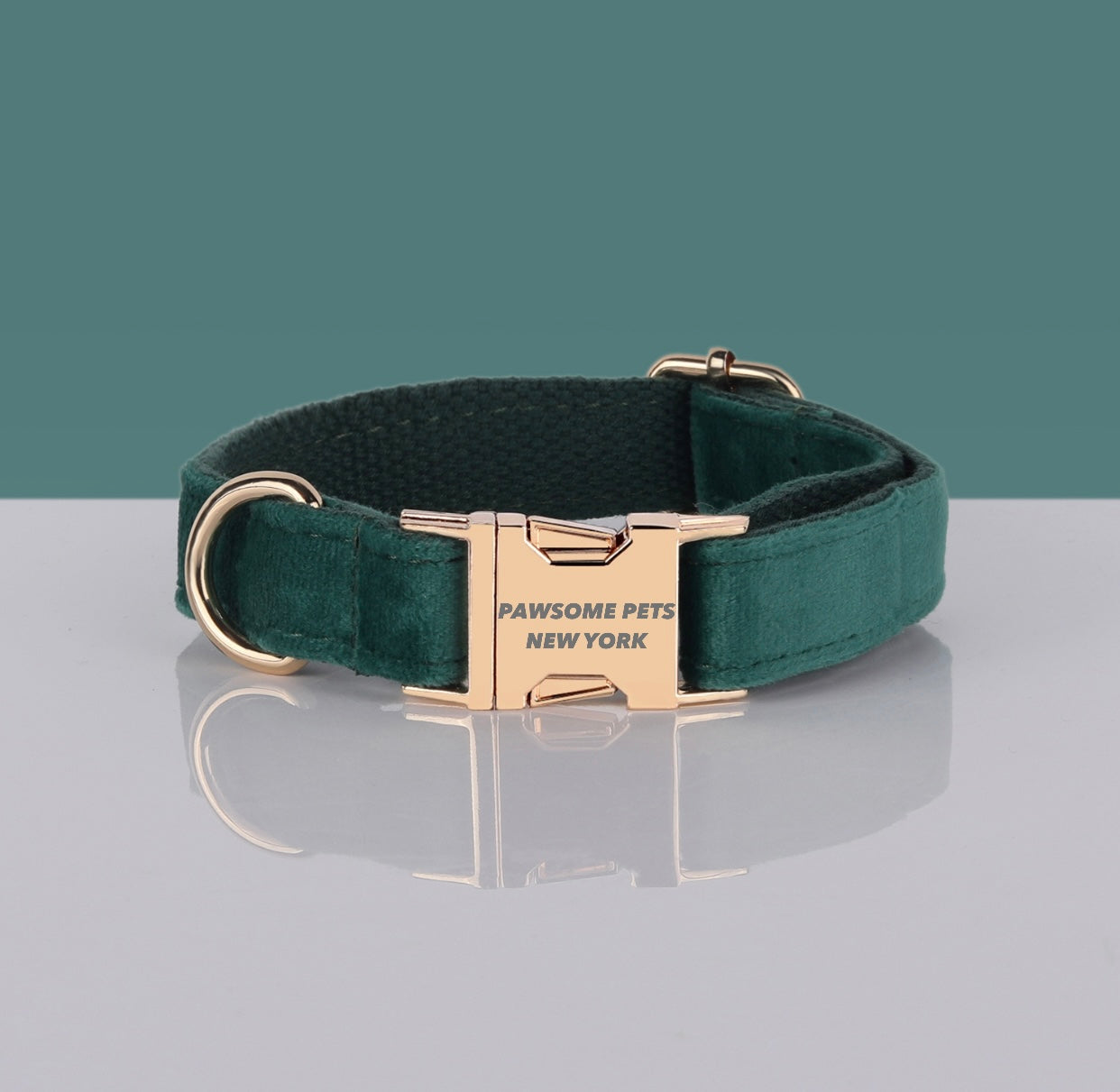 Forest Green Velvet Dog Collar with Gold Buckle – XS to XL