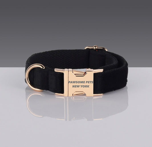 Jet Black Velvet Dog Collar with Gold Buckle – XS to XL