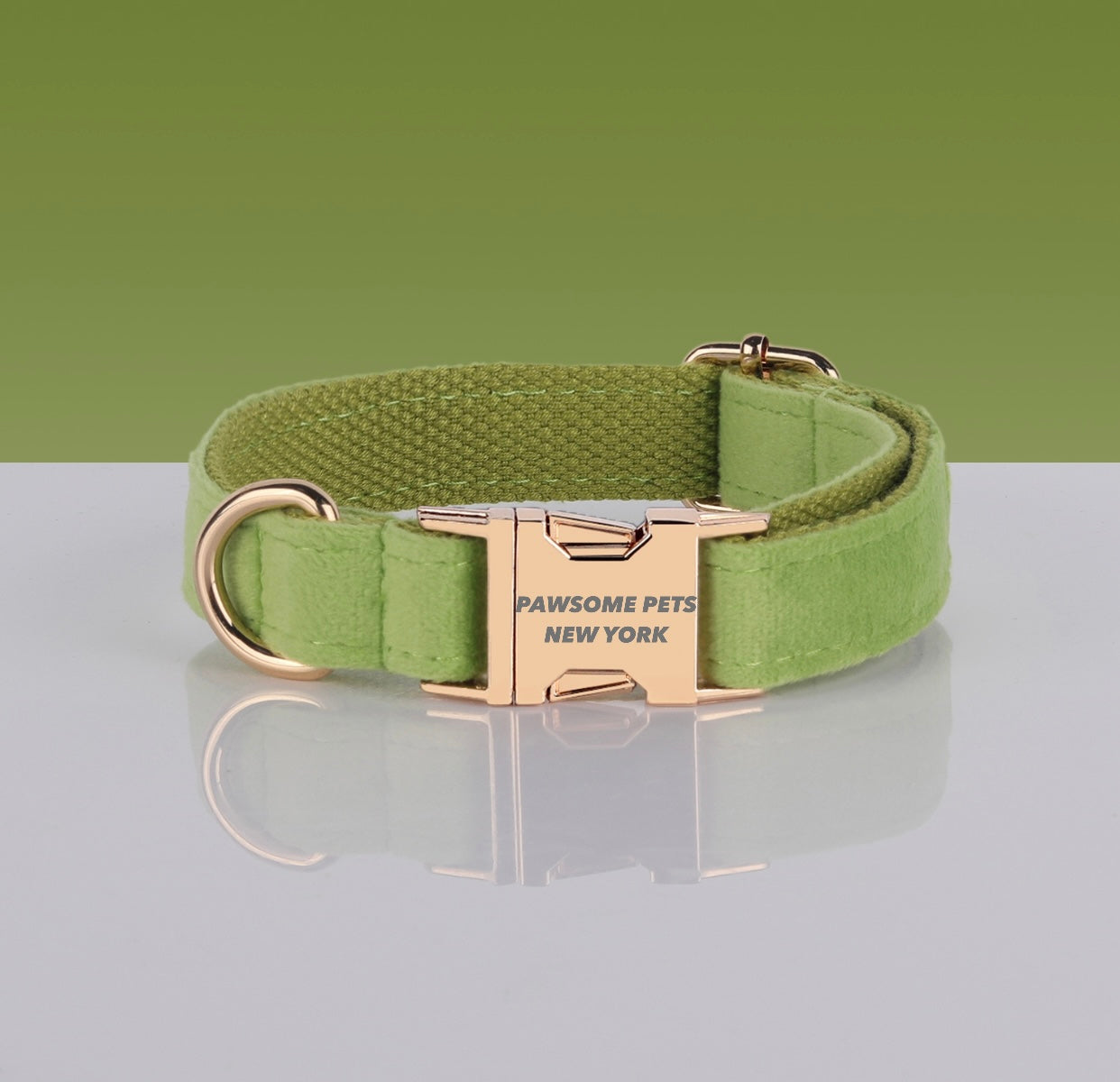 Sage Green Velvet Dog Collar with Gold Buckle – XS to XL