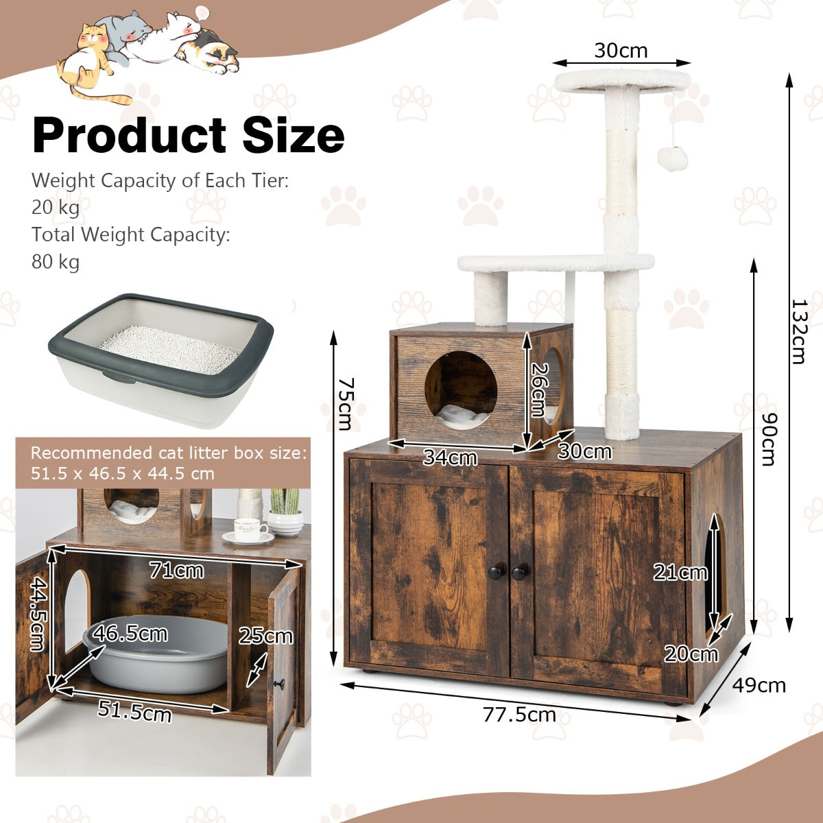 NNECW 2-in-1 Cat Tree with Litter Box Enclosure &amp;amp; Sisal Scratching Posts-Brown
