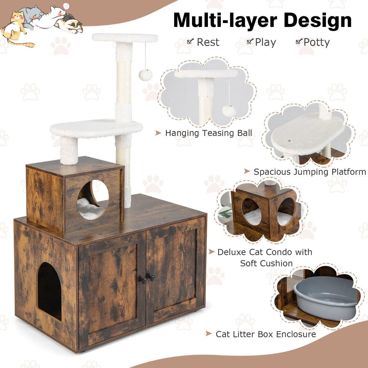 NNECW 2-in-1 Cat Tree with Litter Box Enclosure &amp;amp; Sisal Scratching Posts-Brown