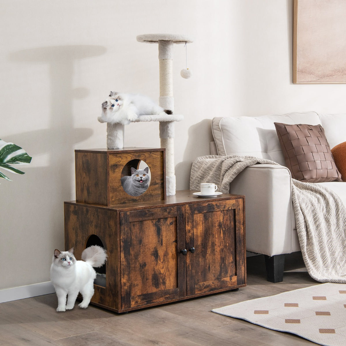NNECW 2-in-1 Cat Tree with Litter Box Enclosure &amp;amp; Sisal Scratching Posts-Brown